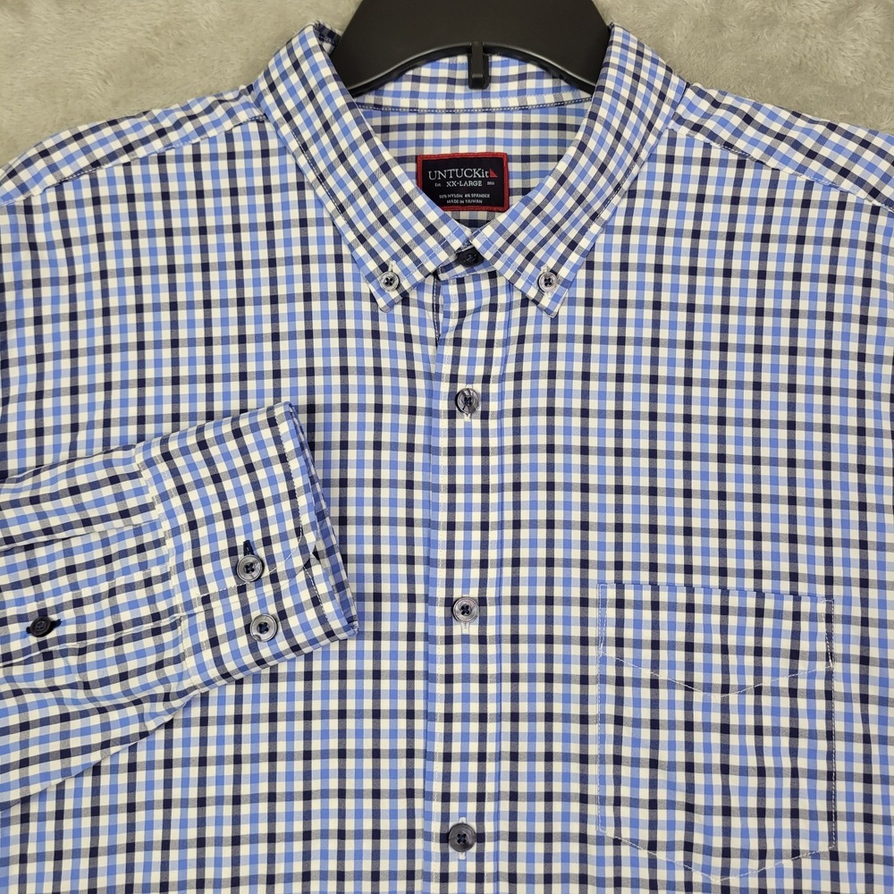 Untuckit Shirt Mens 2XL Performance Blue Check Button Down Stretch Nylon Blend